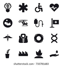 16 vector icon set : bulb brain, life vest, lifebuoy, seedling, sprouting, hand and drop