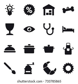 16 vector icon set : bulb, percent, warehouse, bone, wineglass, service bell, pan, apron, big spoon, hand mill, sun