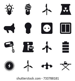 16 vector icon set : bulb, windmill, nuclear power, megafon, power socket, power switch, mixer, coffee maker, hard reach place cleaning, iron board