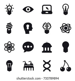 16 vector icon set : bulb, eye, notebook, bulb head, bulb brain, atom, ballon, goverment house, cherry