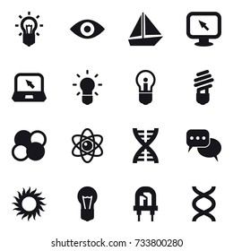 16 vector icon set : bulb, eye, boat, monitor arrow, notebook, atom core, atom, dna, discussion, sun 16 vector icon set : bulb, eye, boat, monitor arrow, notebook, atom core, atom, dna, discussion, sun
