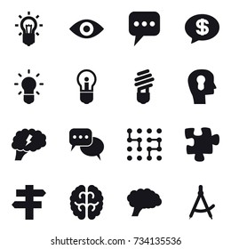 16 vector icon set : bulb, eye, message, money message, bulb head, brain, discussion, chip, puzzle, singlepost, draw compass