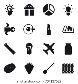 16 vector icon set : bulb, gift, diagram, satellite, cell corection, lipstick, project, ruler, berry, shovel, fence