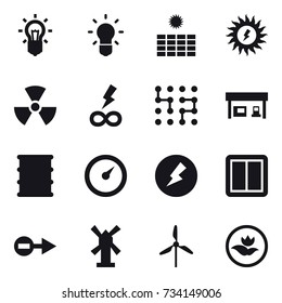 16 vector icon set : bulb, sun power, nuclear, infinity power, chip, gas station, barometer, electricity, power switch, windmill, ecology
