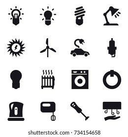 16 vector icon set : bulb, table lamp, sun power, windmill, electric car, spark plug, radiator, washing machine, kettle, hand dryer