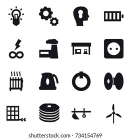 16 vector icon set : bulb, gear, bulb head, battery, infinity power, factory, gas station, power socket, radiator, kettle, plow, windmill