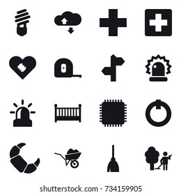 16 vector icon set : bulb, cloude service, measuring tape, alarm, crib, wheelbarrow, broom, garden cleaning
