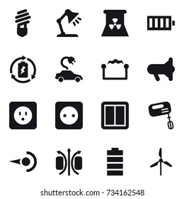 16 vector icon set : bulb, table lamp, nuclear power, battery, battery charge, electric car, electrostatic, megafon, power socket, power switch, mixer, windmill
