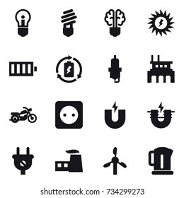 16 vector icon set : bulb, bulb brain, sun power, battery, battery charge, spark plug, factory, motorcycle, power socket, kettle