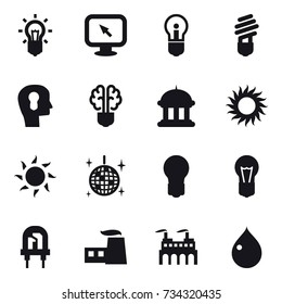 16 vector icon set : bulb, monitor arrow, bulb head, bulb brain, goverment house, sun, disco ball, drop