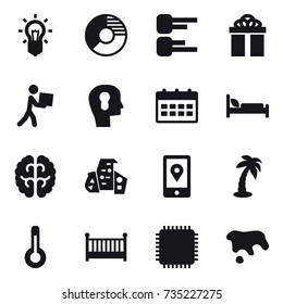 16 vector icon set : bulb, circle diagram, diagram, gift, courier, bulb head, calendar, modern architecture, palm, thermometer, crib, spot