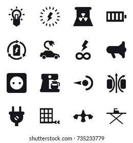 16 vector icon set : bulb, lightning, nuclear power, battery, battery charge, electric car, infinity power, megafon, power socket, coffee maker, hard reach place cleaning, iron board