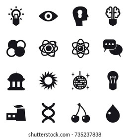 16 vector icon set : bulb, eye, bulb head, bulb brain, atom core, atom, discussion, goverment house, sun, disco ball, cherry, drop