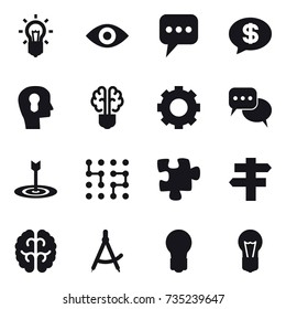 16 vector icon set : bulb, eye, message, money message, bulb head, bulb brain, gear, discussion, target, chip, puzzle, singlepost, draw compass