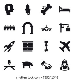 16 vector icon set : bulb head, spark plug, bridge, arch, chest of drawers, pig, wiping, cleaner