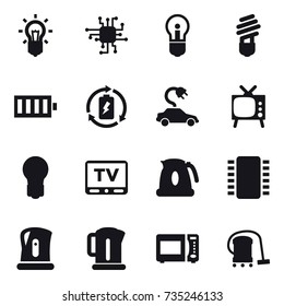 16 vector icon set : bulb, chip, battery, battery charge, electric car, tv, kettle, vacuum cleaner