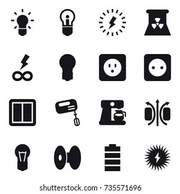 16 vector icon set : bulb, lightning, nuclear power, infinity power, power socket, power switch, mixer, coffee maker