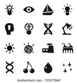 16 vector icon set : bulb, eye, boat, bulb head, bulb brain, dna, table lamp, sun, disco ball, cherry, drop, shining