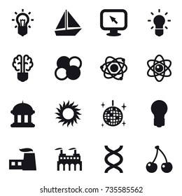 16 vector icon set : bulb, boat, monitor arrow, bulb brain, atom core, atom, goverment house, sun, disco ball, cherry