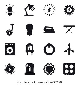 16 vector icon set : bulb, table lamp, lightning, sun power, segway, iron, iron board, washing machine, kettle