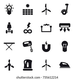 16 vector icon set : bulb, sun power, windmill, segway, hoverboard, infinity power, electrostatic, air conditioning, iron board, mixer, kettle, iron