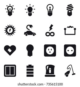 16 vector icon set : bulb, sun power, electric car, infinity power, electrostatic, power socket, power switch, kettle, vacuum cleaner