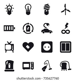 16 vector icon set : bulb, windmill, battery, battery charge, electric car, infinity power, tv, power socket, power switch, kettle, vacuum cleaner