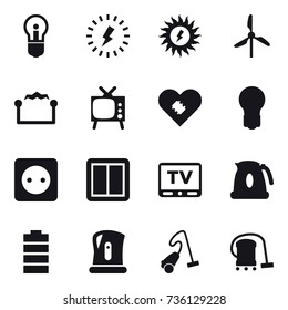 16 vector icon set : bulb, lightning, sun power, windmill, electrostatic, tv, power socket, power switch, kettle, vacuum cleaner