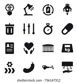 16 vector icon set : bulb brain, table lamp, battery charge, jet robot, bin, equalizer, stopwatch, airport building, eggplant, blower, hand dryer