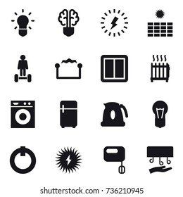 16 vector icon set : bulb, bulb brain, lightning, sun power, hoverboard, electrostatic, power switch, radiator, washing machine, fridge, kettle, hand dryer