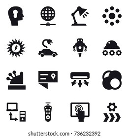 16 vector icon set : bulb head, globe connect, table lamp, round around, sun power, electric car, jet robot, lunar rover, cashbox, air conditioning