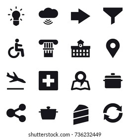16 vector icon set : bulb, cloud wireless, right arrow, funnel, column, university, arrival, first aid, map, pan, reload