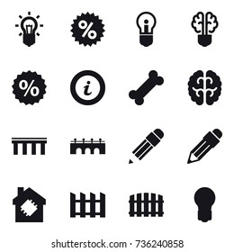 16 vector icon set : bulb, percent, bulb brain, info, bridge, pencil, smart house, fence
