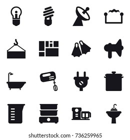 16 vector icon set : bulb, satellite antenna, electrostatic, flippers, loudspeaker, bath, mixer, pan, measuring cup, water tap sink