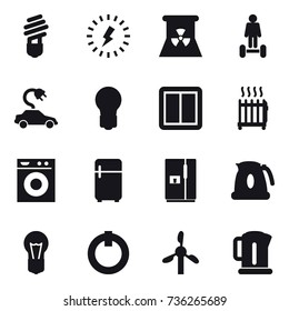 16 vector icon set : bulb, lightning, nuclear power, hoverboard, electric car, power switch, radiator, washing machine, fridge, kettle