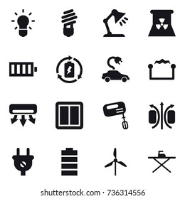 16 vector icon set : bulb, table lamp, nuclear power, battery, battery charge, electric car, electrostatic, air conditioning, power switch, mixer, windmill, iron board