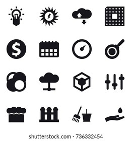 16 Vector Icon Set : Bulb, Sun Power, Cloude Service, Cpu, Dollar Coin, Barometer, Pan, Chef  Hat, Grain Elevator, Bucket And Broom, Hand And Drop