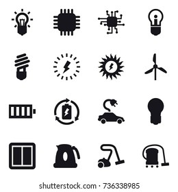 16 vector icon set : bulb, chip, lightning, sun power, windmill, battery, battery charge, electric car, power switch, kettle, vacuum cleaner