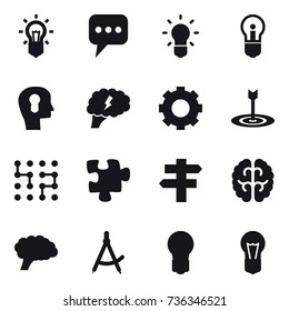 16 vector icon set : bulb, message, bulb head, brain, gear, target, chip, puzzle, singlepost, draw compass
