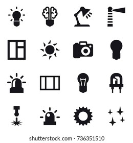 16 vector icon set : bulb, bulb brain, table lamp, lighthouse, window, sun, camera, alarm, shining