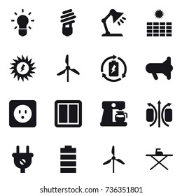 16 vector icon set : bulb, table lamp, sun power, windmill, battery charge, megafon, power socket, power switch, coffee maker, iron board