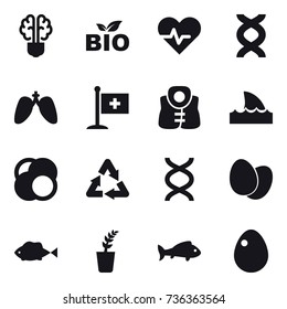 16 vector icon set : bulb brain, bio, life vest, shark flipper, seedling, fish, egg