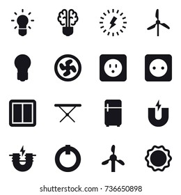 16 vector icon set : bulb, bulb brain, lightning, windmill, cooler fan, power socket, power switch, iron board, fridge