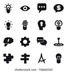 16 vector icon set : bulb, eye, message, money message, bulb head, bulb brain, brain, gear, discussion, target, puzzle, singlepost, draw compass