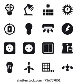 16 vector icon set : bulb brain, table lamp, sun power, battery charge, bulb, air conditioning, electricity, power socket, power switch, coffee maker, hard reach place cleaning