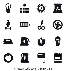 16 vector icon set : bulb, sun power, nuclear power, hoverboard, battery, infinity power, cooler fan, iron, kettle