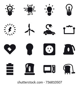 16 vector icon set : bulb, chip, lightning, windmill, electric car, electrostatic, power socket, kettle, vacuum cleaner