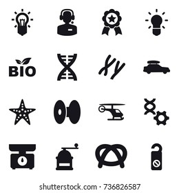 16 vector icon set : bulb, call center, medal, bio, dna, car baggage, starfish, kitchen scales, hand mill, do not distrub