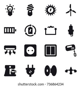16 vector icon set : bulb, sun power, windmill, battery, battery charge, electrostatic, spark plug, air conditioning, power socket, power switch, mixer, coffee maker, hard reach place cleaning