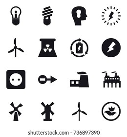 16 vector icon set : bulb, bulb head, lightning, windmill, nuclear power, battery charge, electricity, power socket, ecology
